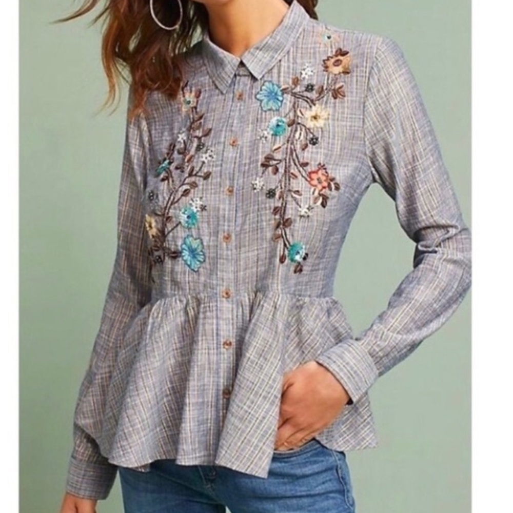 Anthropologie Gray Plaid Button Down Shirt with Floral Embroidery